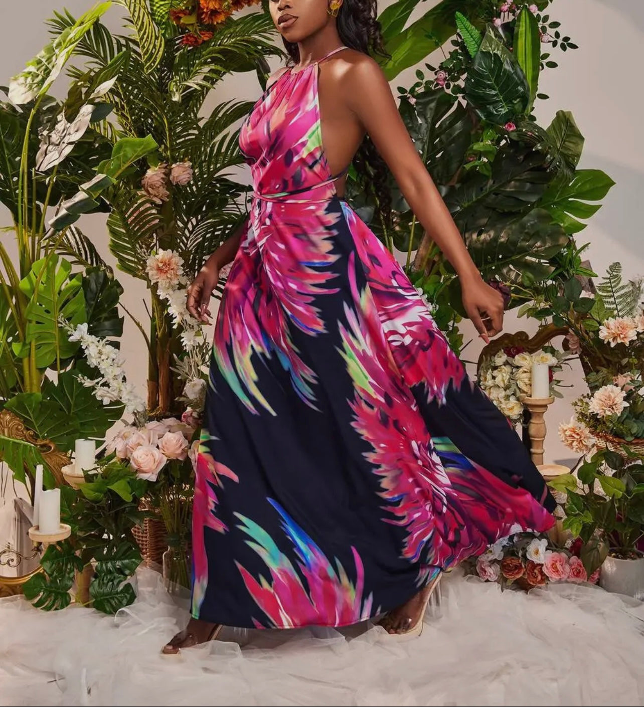 Angelic Baddie Ruched Backless Floral Dress - Baddie Kouture Boutique