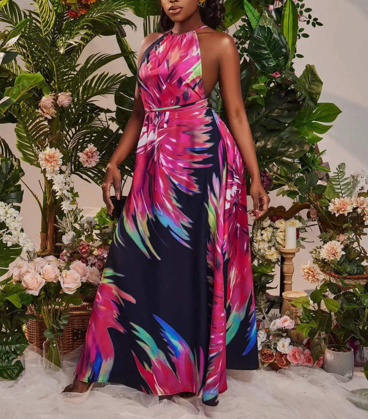 Angelic Baddie Ruched Backless Floral Dress - Baddie Kouture Boutique