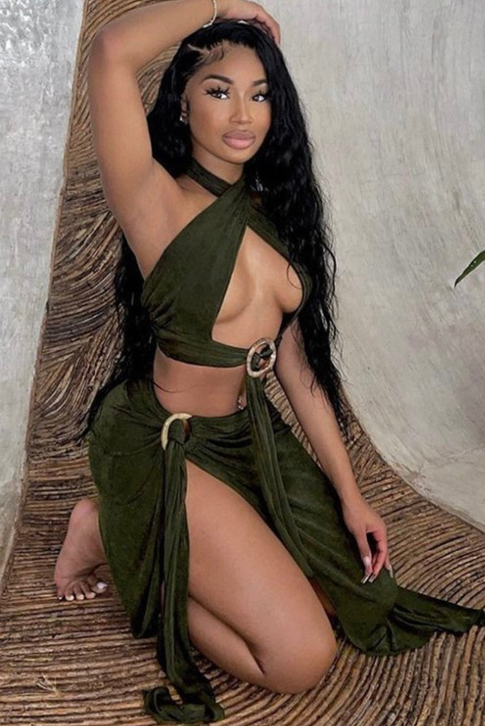 Money Green Baddie Two-Piece Velvet Halter Maxi Skirt Set - Baddie Kouture Boutique