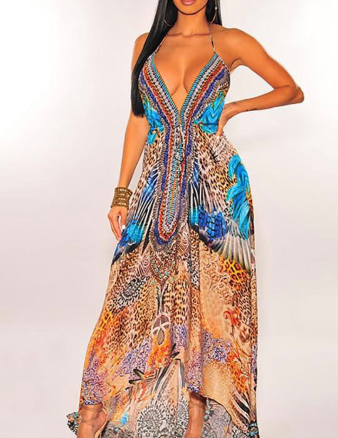 Goddess V Neck Sleeveless Bandana Satin Chiffon Gown - Baddie Kouture Boutique