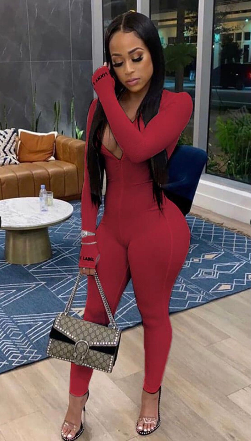 Ferrari Red Lucky Label Jumpsuit - Baddie Kouture Boutique