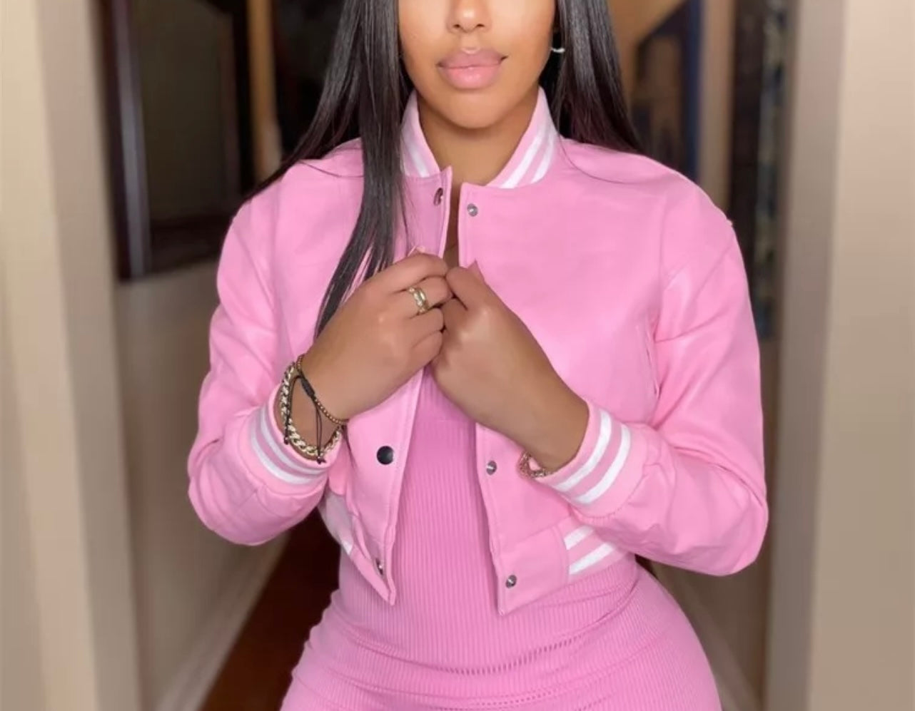 Baddie PInk PU Bomber Jacket - Baddie Kouture Boutique