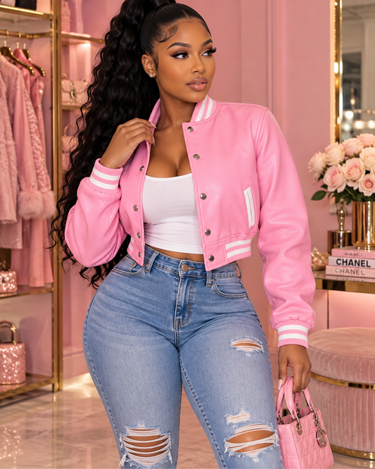 Baddie PInk PU Bomber Jacket - Baddie Kouture Boutique 