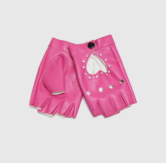 Pink Fingerless Baddie Leather Gloves with Studs - Baddie Kouture Boutique 