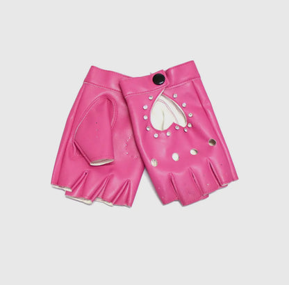 Pink Fingerless Baddie Leather Gloves with Studs - Baddie Kouture Boutique 