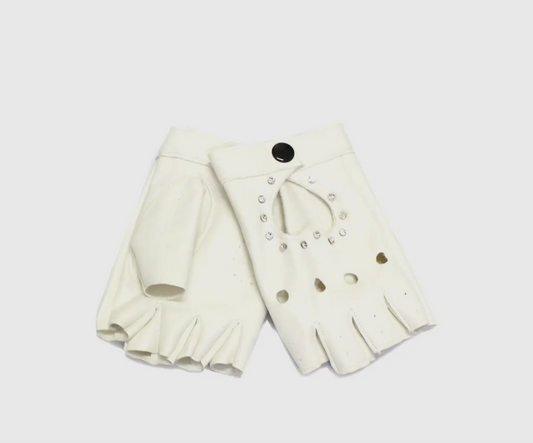 White Fingerless Baddie Leather Gloves with Studs - Baddie Kouture Boutique 