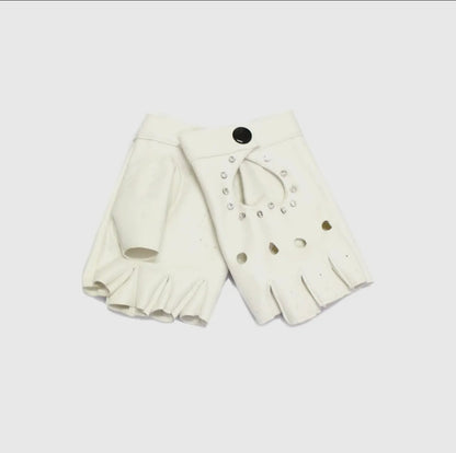 White Fingerless Baddie Leather Gloves with Studs - Baddie Kouture Boutique 