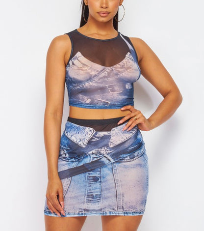 Denim Mesh Baddie Skirt Set - Baddie Kouture Boutique 