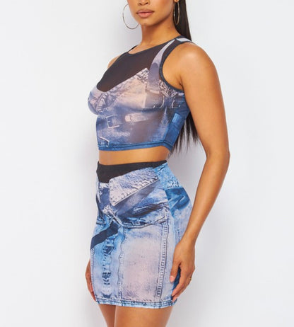 Denim Mesh Baddie Skirt Set - Baddie Kouture Boutique 
