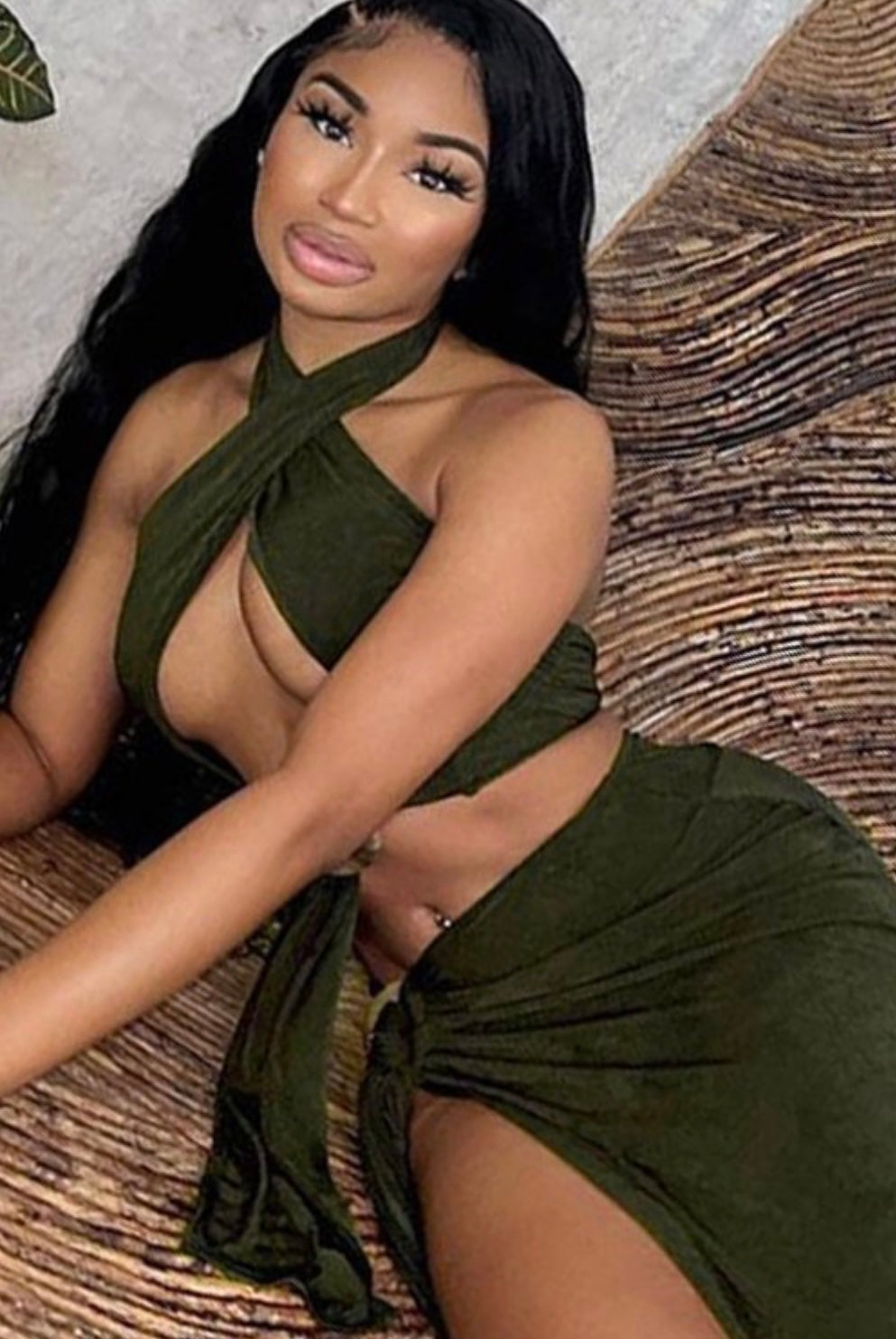 Money Green Baddie Two-Piece Velvet Halter Maxi Skirt Set - Baddie Kouture Boutique 