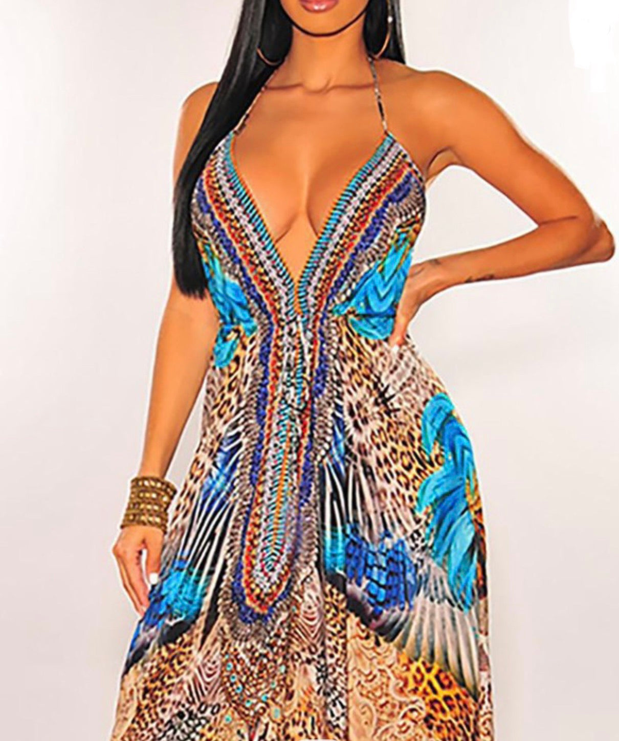 Goddess V Neck Sleeveless Bandana Satin Chiffon Gown - Baddie Kouture Boutique 