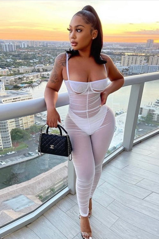 All White Mesh Baddie Jumpsuit - Baddie Kouture Boutique 