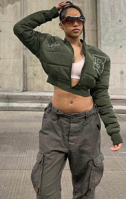 Olive Baddie B Crop Jacket - Baddie Kouture Boutique 