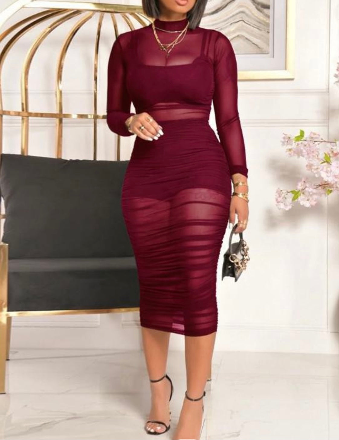 Wine Sheer Mesh Ruch Baddie Crop Top Shorts Midi Dress - Baddie Kouture Boutique 