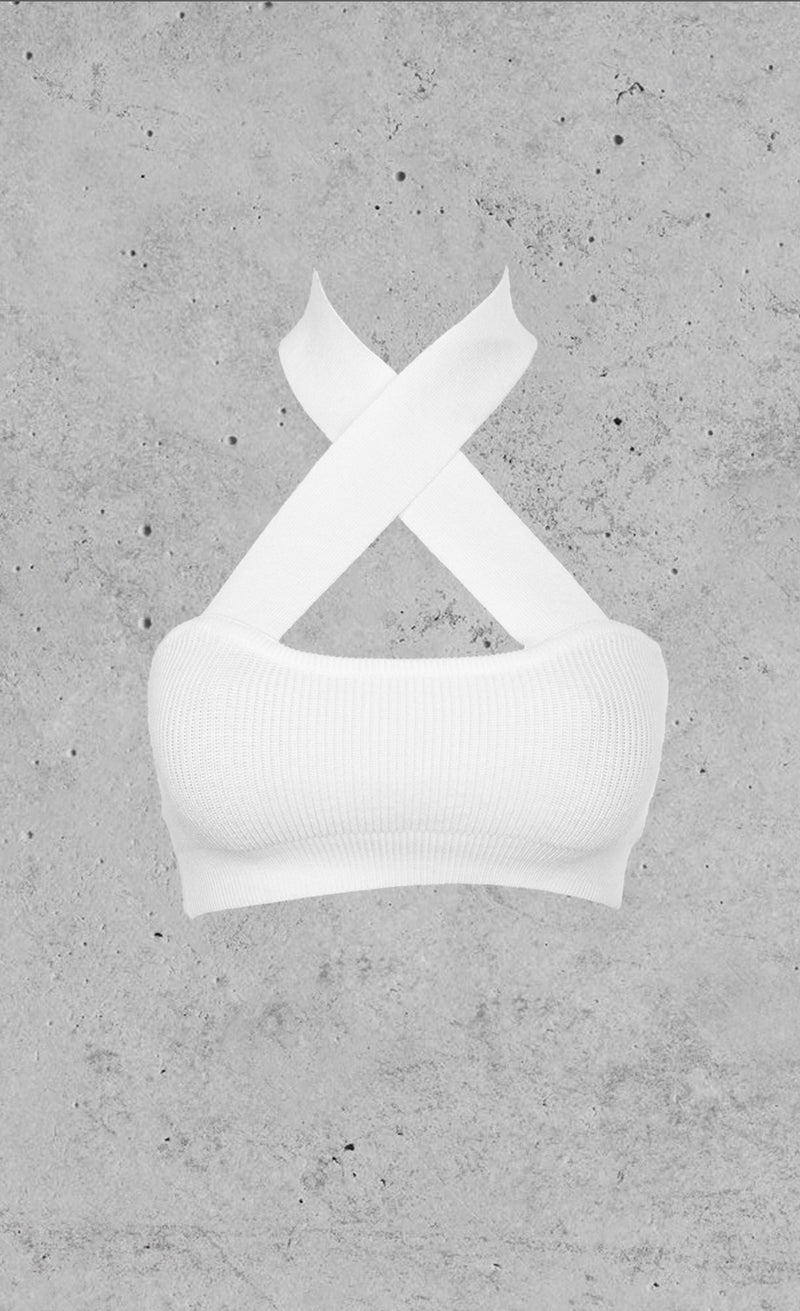 Baddie White Rib Twist Halter Top