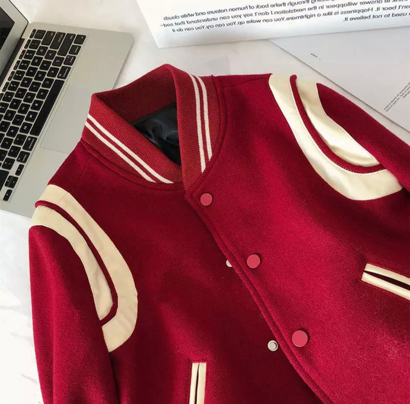 Ruby Red Baddie Varsity Bomber Jacket