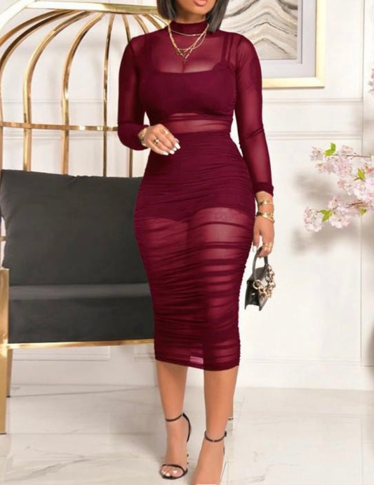 Wine Sheer Mesh Ruch Baddie Crop Top Shorts Midi Dress