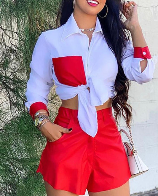 Color Block Baddie Tie Front Top Shorts Set