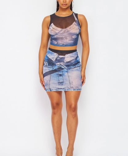 Denim Mesh Baddie Skirt Set