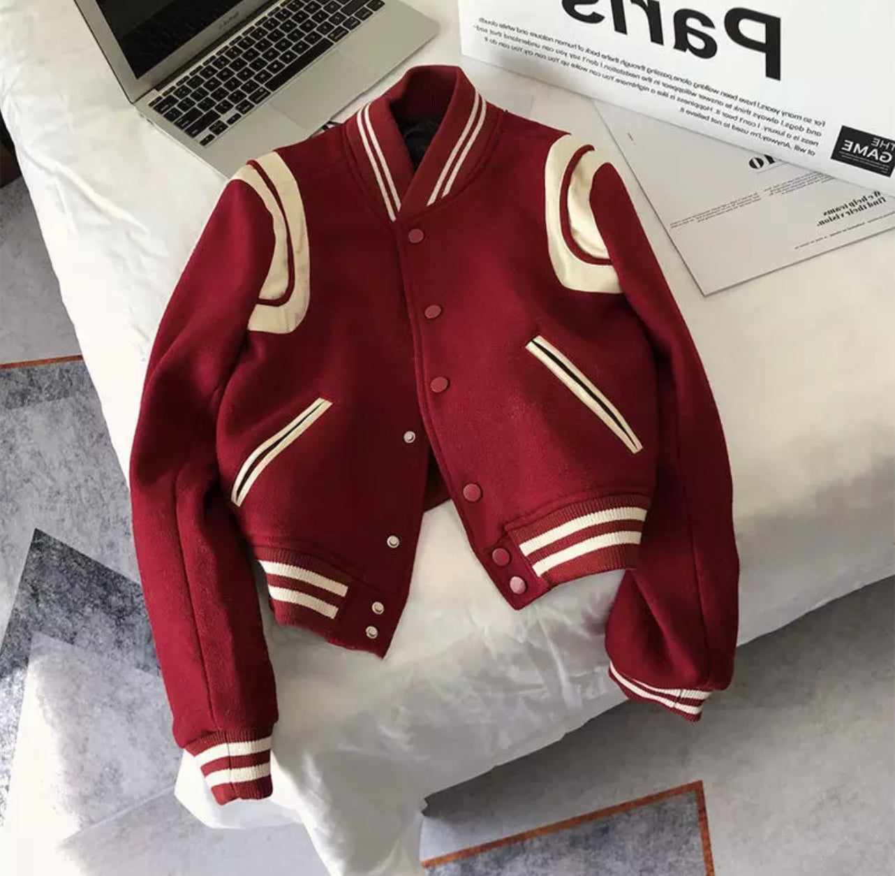 Ruby Red Baddie Varsity Bomber Jacket