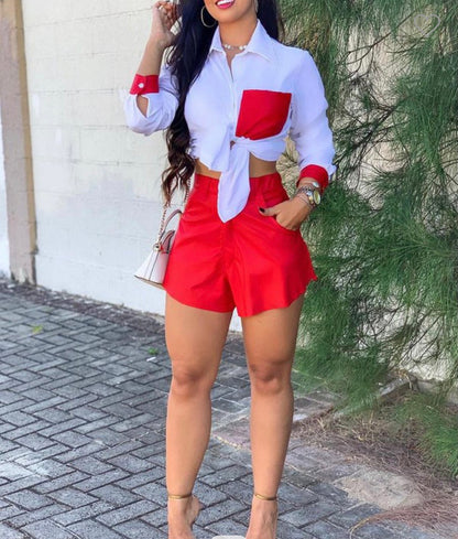 Color Block Baddie Tie Front Top Shorts Set